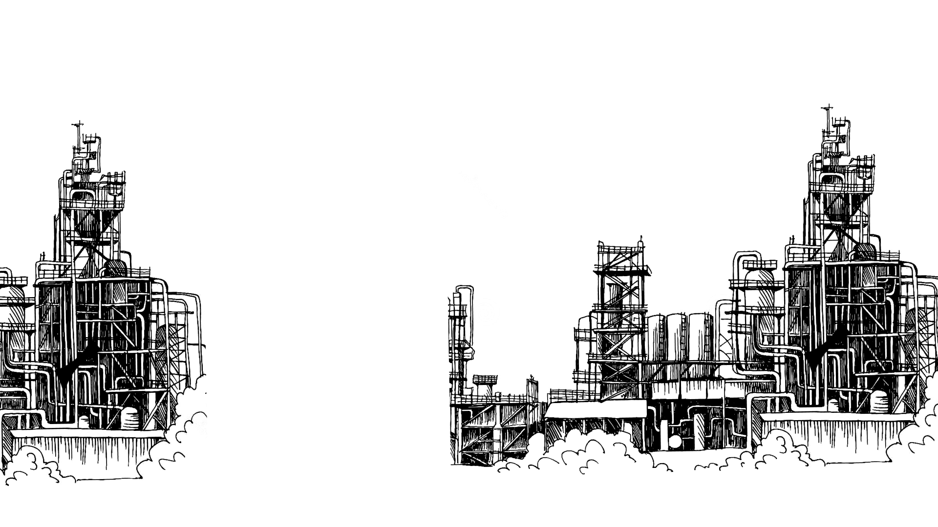 a hand drawn image of a factory with lots of pipes and tanks and ladders and scaffolding