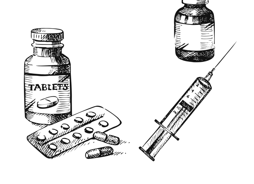 hand drawing of pills and a needle