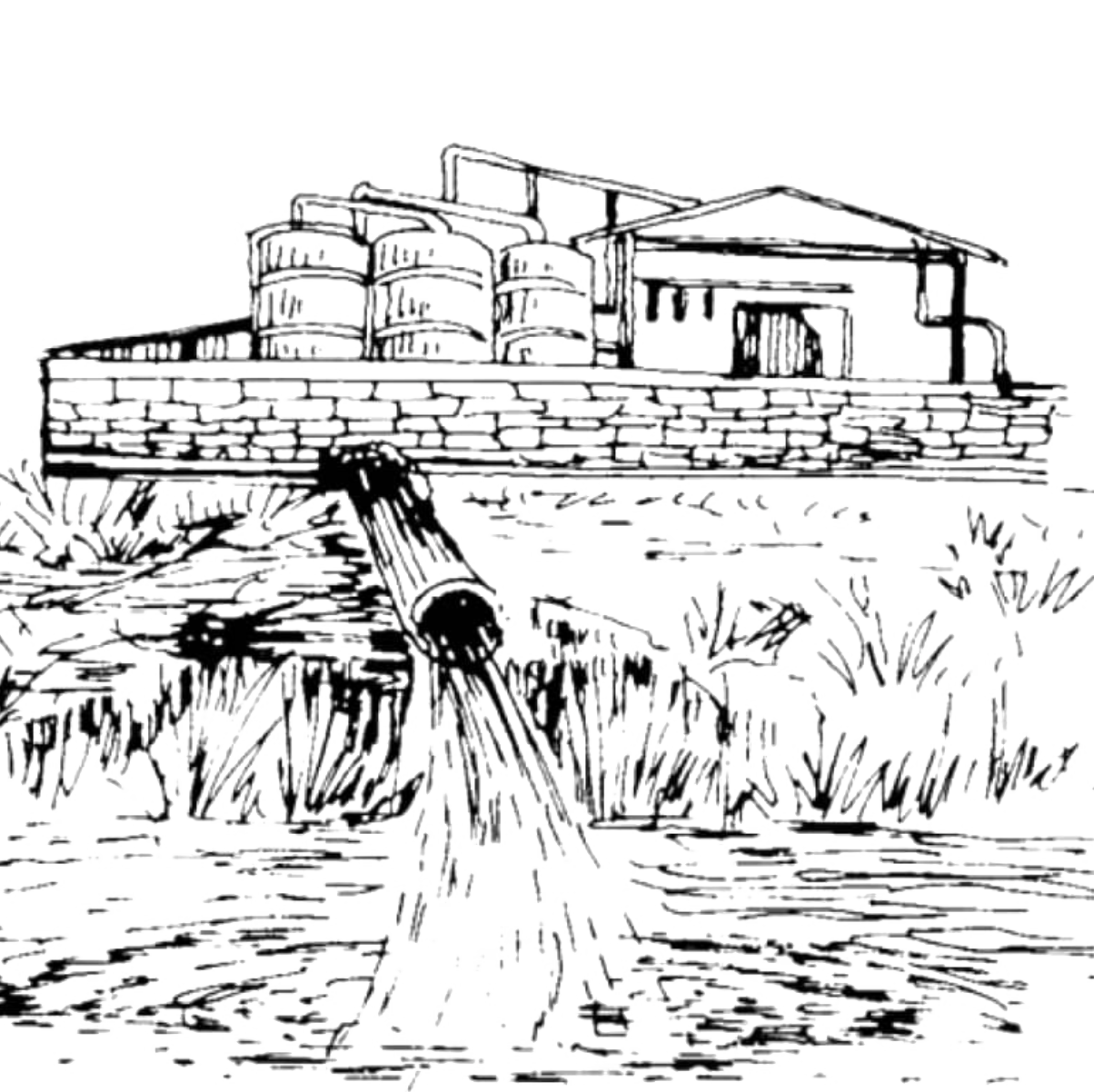 hand drawn image of a pipe leaking pollution into a river