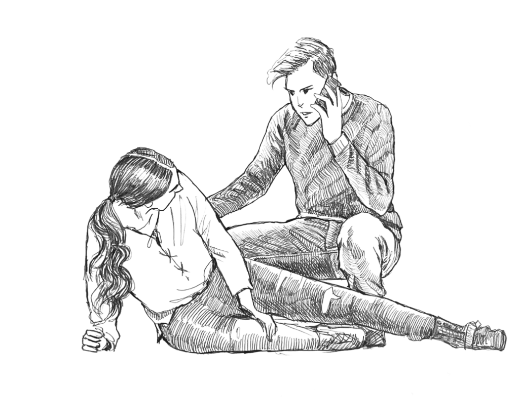 hand drawn image of woman who has fallen down and someone calling for help
