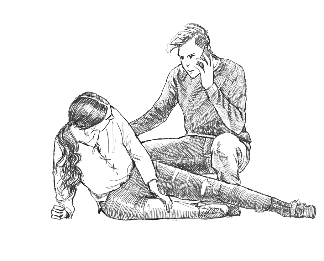 hand drawn image of woman who has fallen down and someone calling for help