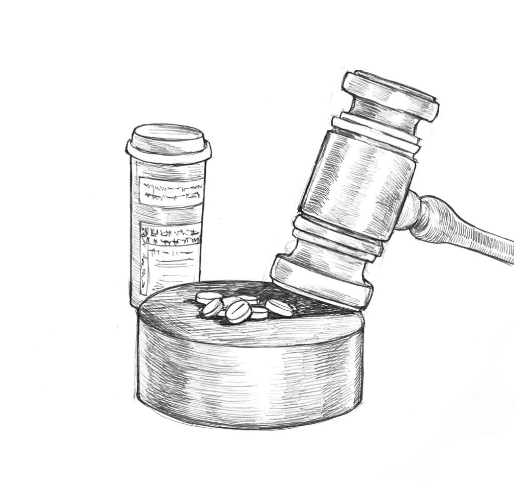 hand drawn image of pills on a judge gavel with a hammer about to crush them