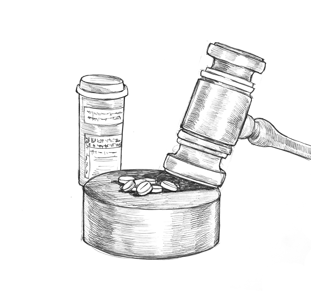 hand drawn image of pills on a judge gavel with a hammer about to crush them