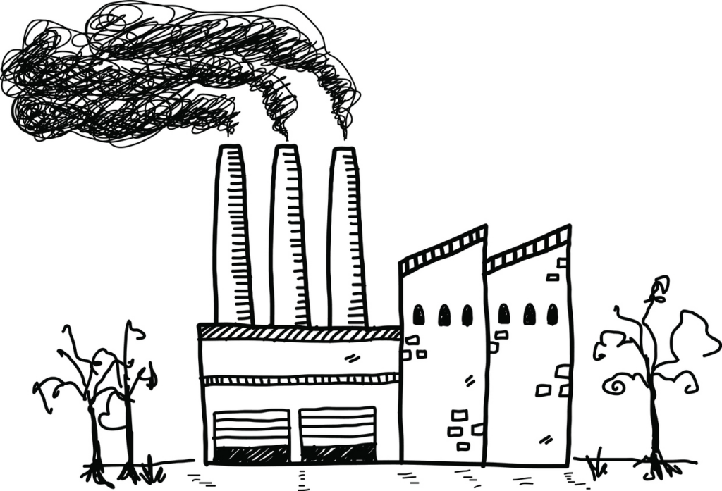 hand drawn picture of a factory killing trees with its pollution