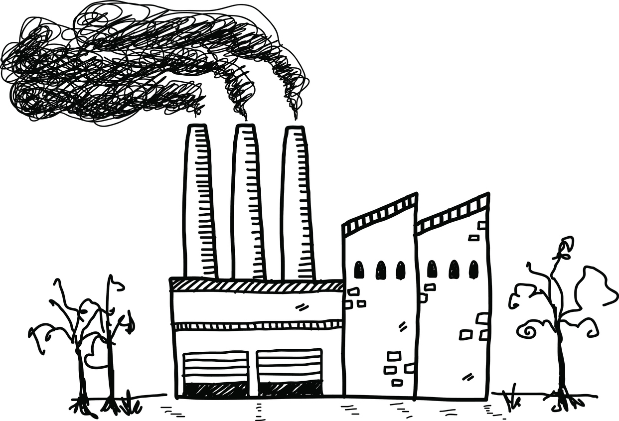 hand drawn picture of a factory killing trees with its pollution