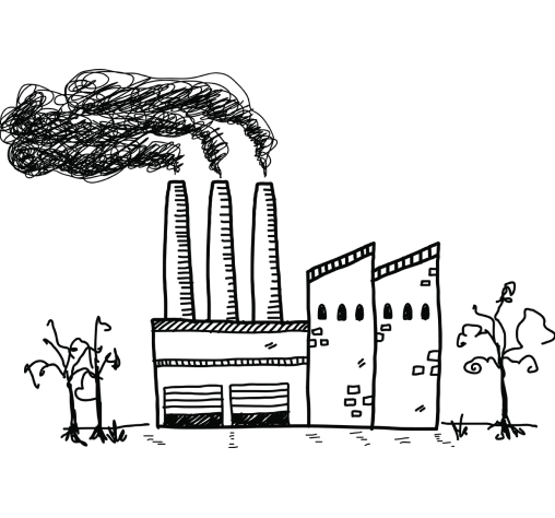 hand drawn picture of a factory killing trees with its pollution
