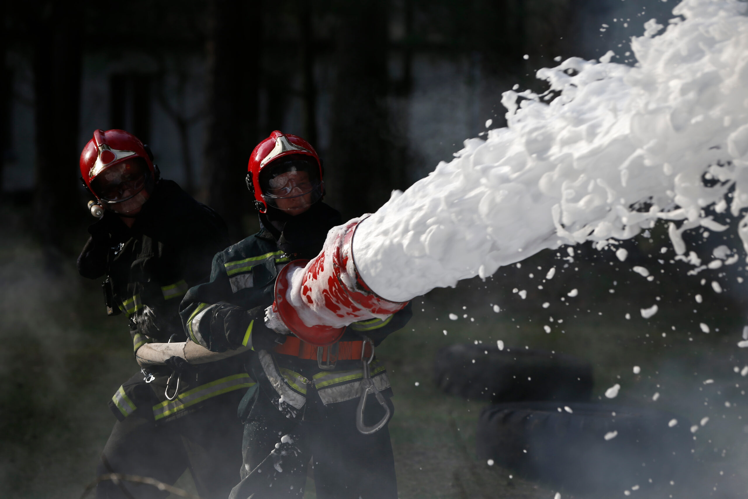 Belarus, Gomel, 04/06/2017, extinguishing forest fire.Belarus, Gomel, 04/06/2017, .Extinguishing the fire. Firemen are working. Fill the foam with a fire. Resolute firefighters. Fight fire.