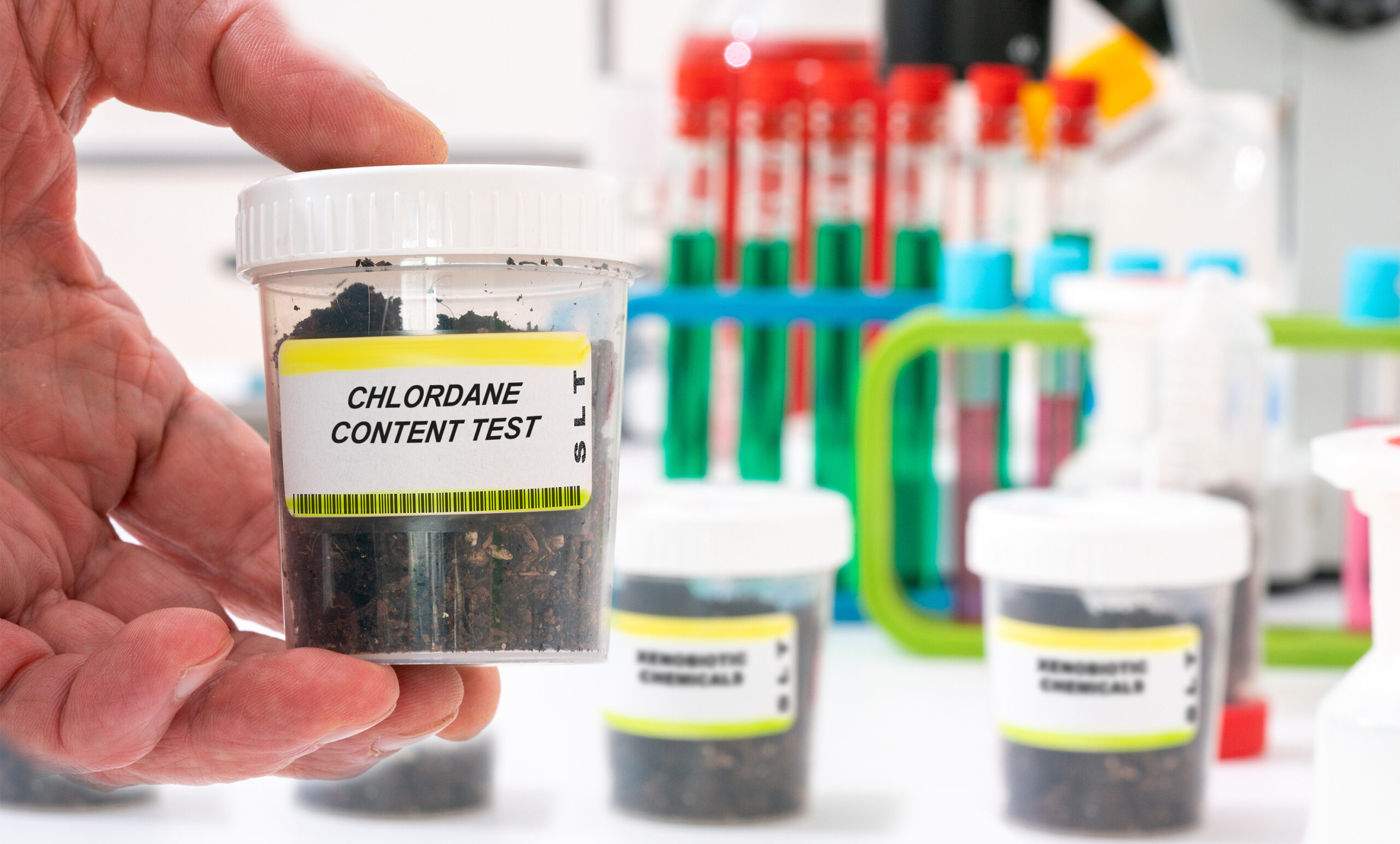 Chlordane. Chlordane content in soil sample in plastic container. Study of agricultural soil in a chemical laboratory