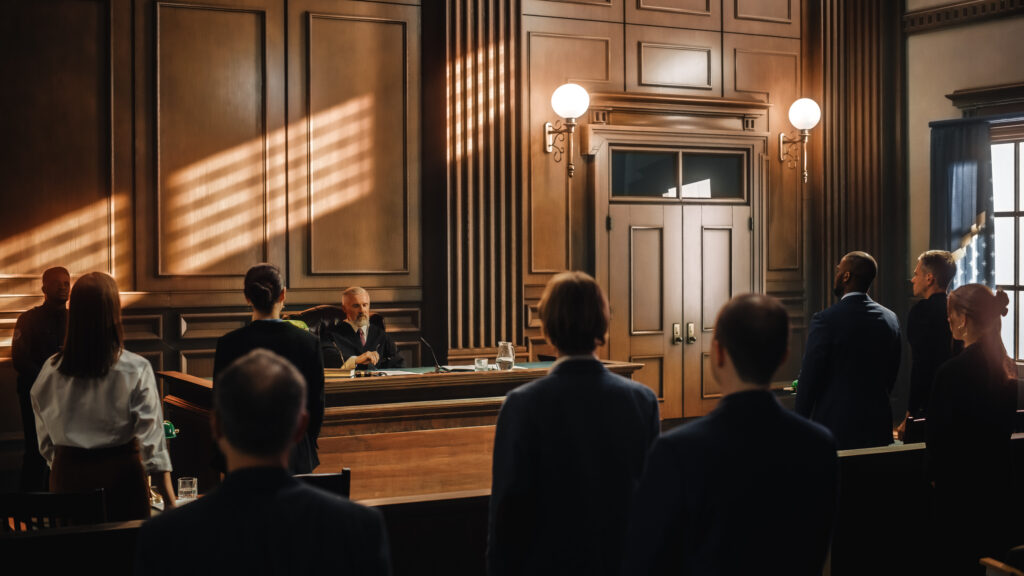 a court room standing to hear a judge's verdict