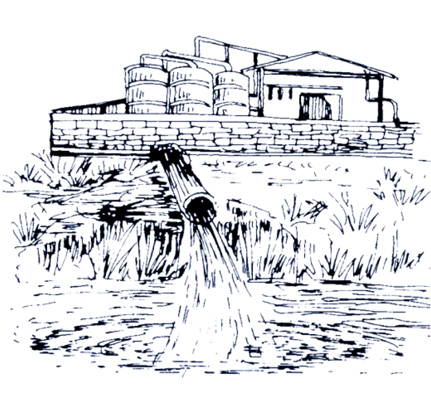 hand drawn image of a pipe polluting a river